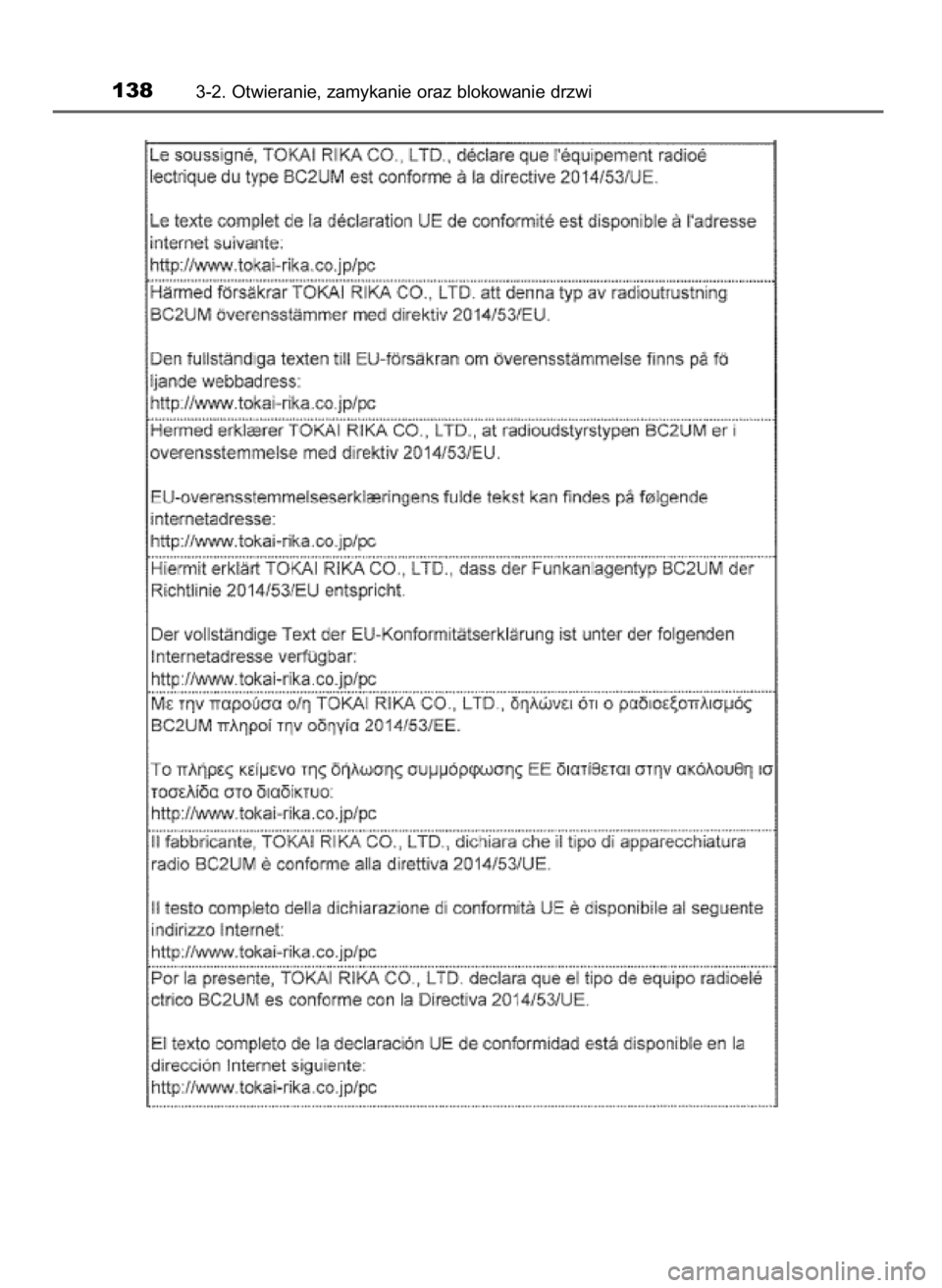 TOYOTA YARIS GRMN 2017 Instrukcja obsługi (in Polish) 1383-2. Otwieranie, zamykanie oraz blokowanie drzwi
51 YARIS GRMN OM52J40E_p 20/12/17 12:15 Page 138 (Black plate) TOYOTA YARIS GRMN 2017 Instrukcja obsługi (in Polish) 1383-2. Otwieranie, zamykanie oraz blokowanie drzwi
51 YARIS GRMN OM52J40E_p 20/12/17 12:15 Page 138 (Black plate)