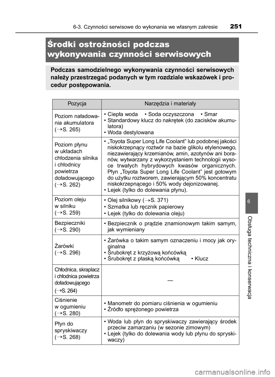 TOYOTA YARIS GRMN 2017  Instrukcja obsługi (in Polish) 6-3. CzynnoÊci serwisowe do wykonania we w∏asnym zakresie251
6
Obs∏uga techniczna i konserwacja
Ârodki ostro˝noÊci podczas 
wykonywania czynnoÊci serwisowych
Podczas  samodzielnego  wykonywan