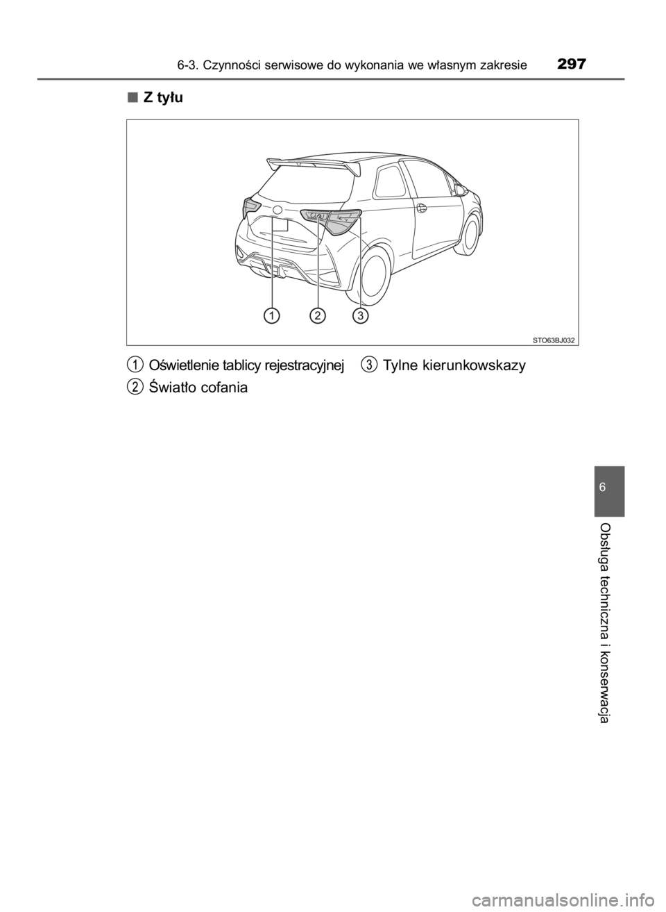 TOYOTA YARIS GRMN 2017  Instrukcja obsługi (in Polish) Z ty∏u
6-3. CzynnoÊci serwisowe do wykonania we w∏asnym zakresie297
6
Obs∏uga techniczna i konserwacja
OÊwietlenie tablicy rejestracyjnej
Âwiat∏o cofaniaTylne kierunkowskazy
51 YARIS GRMN O