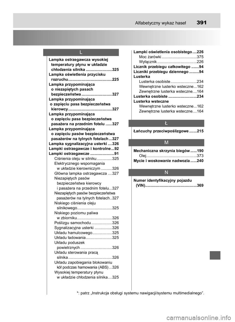 TOYOTA YARIS GRMN 2017  Instrukcja obsługi (in Polish) Alfabetyczny wykaz hase∏391
Lampka ostrzegawcza wysokiej
temperatury p∏ynu w uk∏adzie
ch∏odzenia silnika ........................325
Lampka oÊwietlenia przycisku
rozruchu ....................