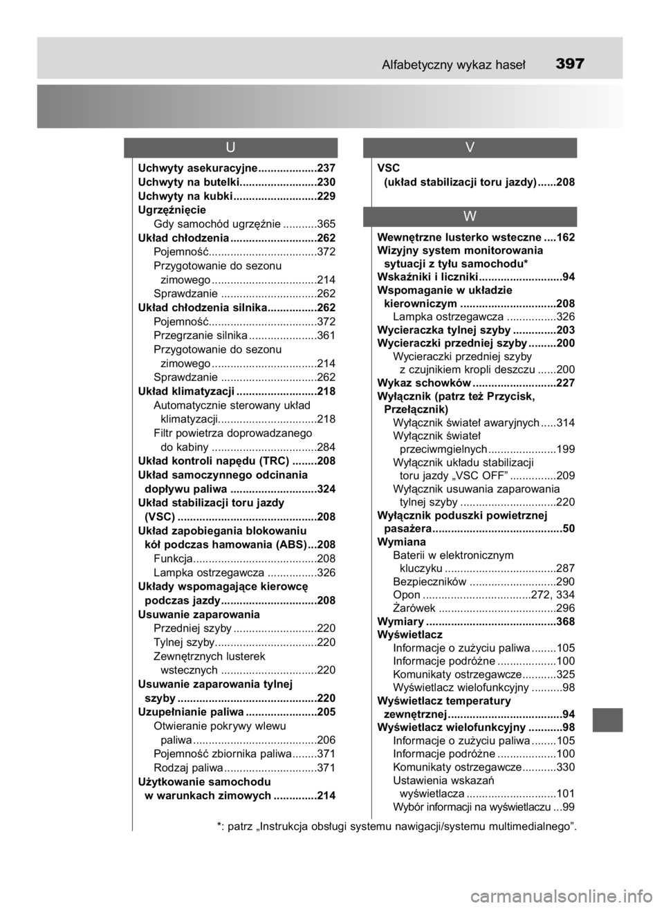 TOYOTA YARIS GRMN 2017  Instrukcja obsługi (in Polish) Alfabetyczny wykaz hase∏397
Uchwyty asekuracyjne...................237
Uchwyty na butelki.........................230
Uchwyty na kubki ...........................229
Ugrz´êni´cie
Gdy samochód ug