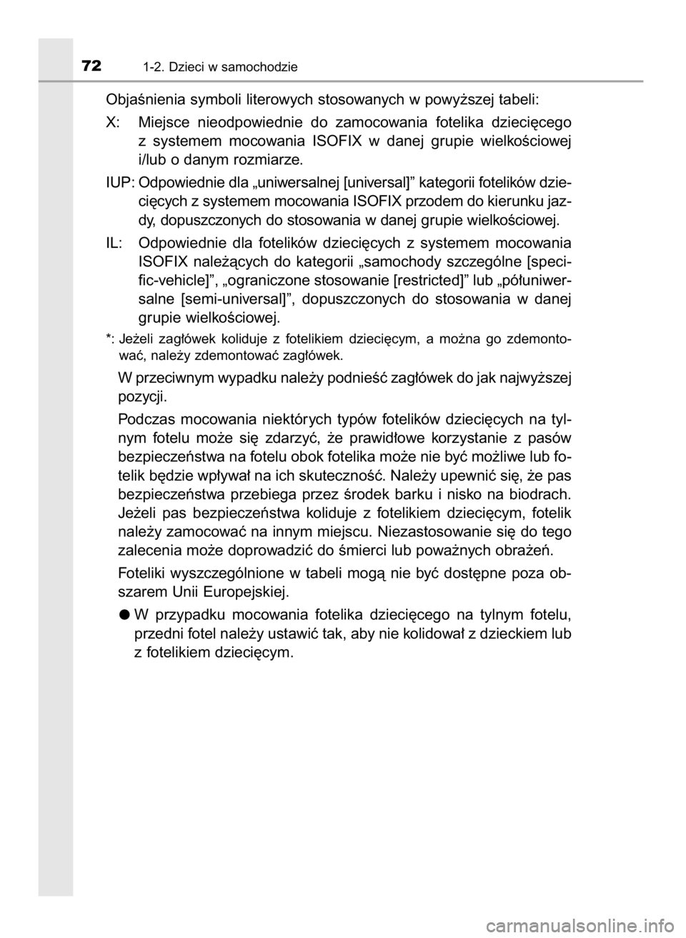 TOYOTA YARIS GRMN 2017  Instrukcja obsługi (in Polish) ObjaÊnienia symboli literowych stosowanych w powy˝szej tabeli:
X: Miejsce  nieodpowiednie  do  zamocowania  fotelika  dzieci´cego
z systemem  mocowania  ISOFIX  w danej  grupie  wielkoÊciowej
i/lu