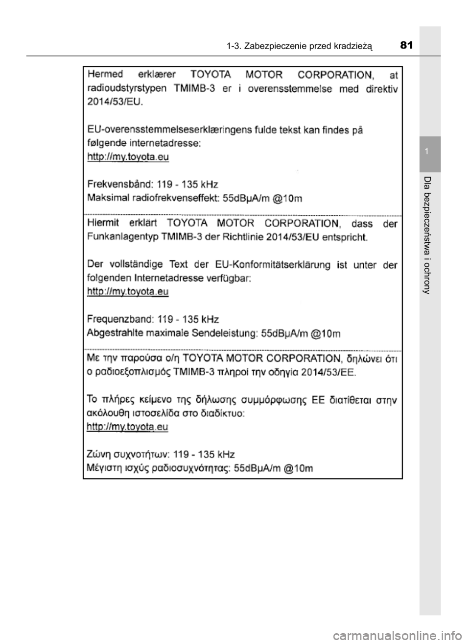 TOYOTA YARIS GRMN 2017  Instrukcja obsługi (in Polish) 1-3. Zabezpieczenie przed kradzie˝à81
1
Dla bezpieczeƒstwa i ochrony
51 YARIS GRMN OM52J40E_p  20/12/17  12:14  Page 81    (Black plate) 