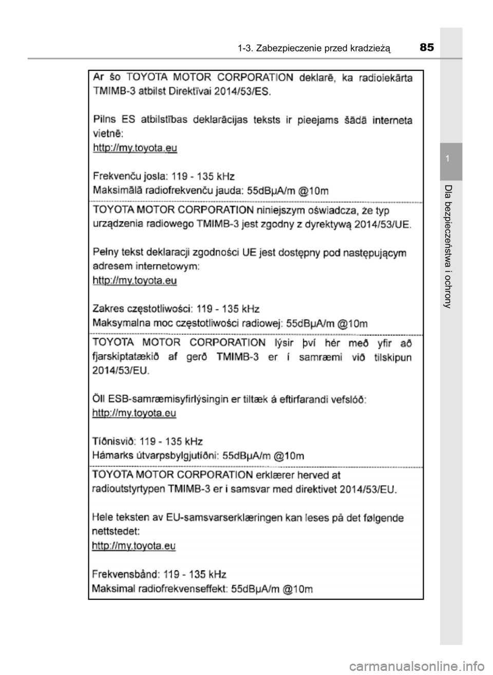TOYOTA YARIS GRMN 2017  Instrukcja obsługi (in Polish) 1-3. Zabezpieczenie przed kradzie˝à85
1
Dla bezpieczeƒstwa i ochrony
51 YARIS GRMN OM52J40E_p  20/12/17  12:14  Page 85    (Black plate) 