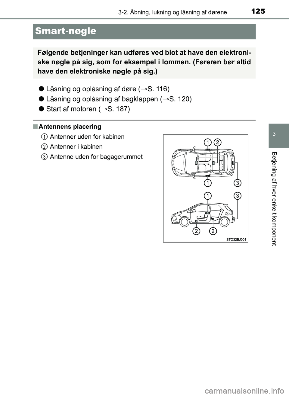 TOYOTA YARIS GRMN 2017 Brugsanvisning (in Danish) 125
3
3-2. Åbning, lukning og låsning af dørene
Betjening af hver enkelt komponent
YARIS_GRMN_OM_Euro-
pe_OM52J40DK
Smart-nøgle
lLåsning og oplåsning af døre ( S. 116)
l Låsning og oplåsni TOYOTA YARIS GRMN 2017 Brugsanvisning (in Danish) 125
3
3-2. Åbning, lukning og låsning af dørene
Betjening af hver enkelt komponent
YARIS_GRMN_OM_Euro-
pe_OM52J40DK
Smart-nøgle
lLåsning og oplåsning af døre ( S. 116)
l Låsning og oplåsni