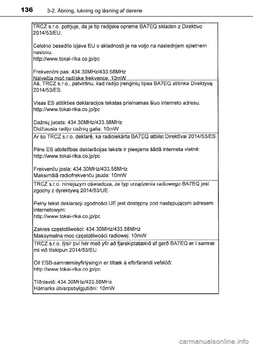 TOYOTA YARIS GRMN 2017  Brugsanvisning (in Danish) 1363-2. Åbning, lukning og låsning af dørene
YARIS_GRMN_OM_Euro-
pe_OM52J40DK
OM52J40DK.book  Page 136  Tuesday, February 6, 2018  9:40 AM 