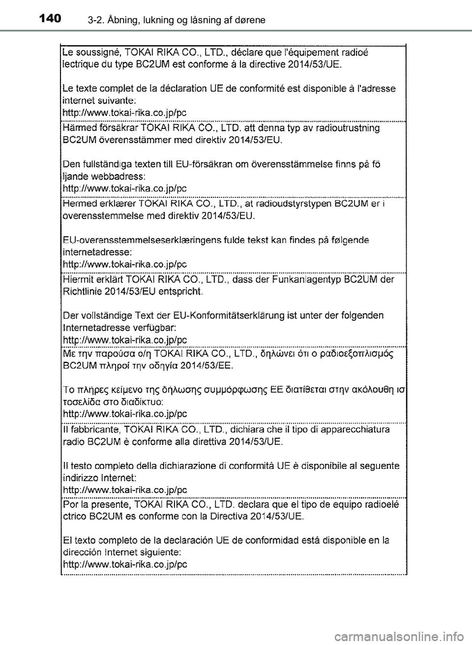 TOYOTA YARIS GRMN 2017  Brugsanvisning (in Danish) 1403-2. Åbning, lukning og låsning af dørene
YARIS_GRMN_OM_Euro-
pe_OM52J40DK
OM52J40DK.book  Page 140  Tuesday, February 6, 2018  9:40 AM 