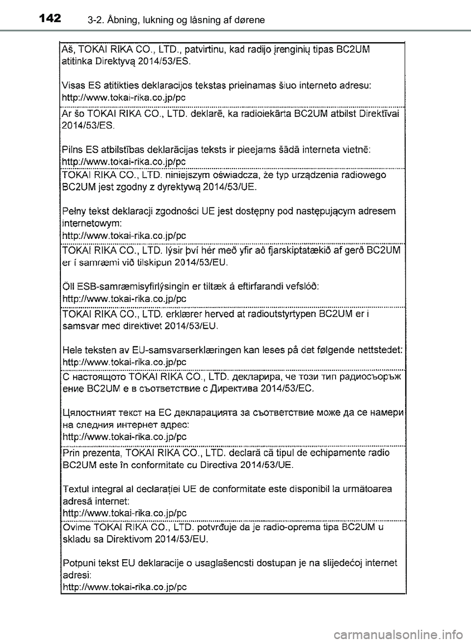 TOYOTA YARIS GRMN 2017  Brugsanvisning (in Danish) 1423-2. Åbning, lukning og låsning af dørene
YARIS_GRMN_OM_Euro-
pe_OM52J40DK
OM52J40DK.book  Page 142  Tuesday, February 6, 2018  9:40 AM 