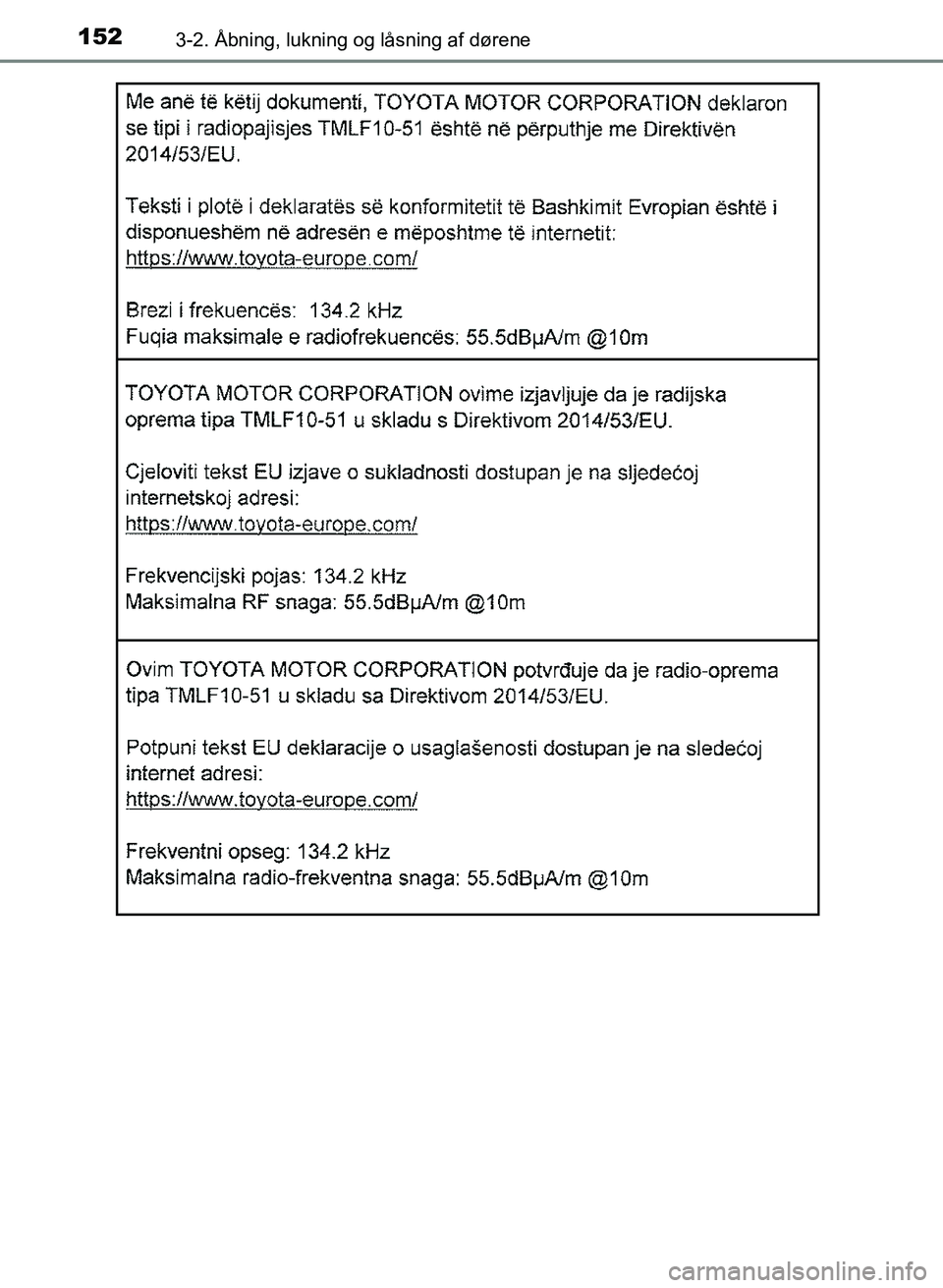 TOYOTA YARIS GRMN 2017 Brugsanvisning (in Danish) 1523-2. Åbning, lukning og låsning af dørene
YARIS_GRMN_OM_Euro-
pe_OM52J40DK
OM52J40DK.book Page 152 Tuesday, February 6, 2018 9:40 AM TOYOTA YARIS GRMN 2017 Brugsanvisning (in Danish) 1523-2. Åbning, lukning og låsning af dørene
YARIS_GRMN_OM_Euro-
pe_OM52J40DK
OM52J40DK.book Page 152 Tuesday, February 6, 2018 9:40 AM
