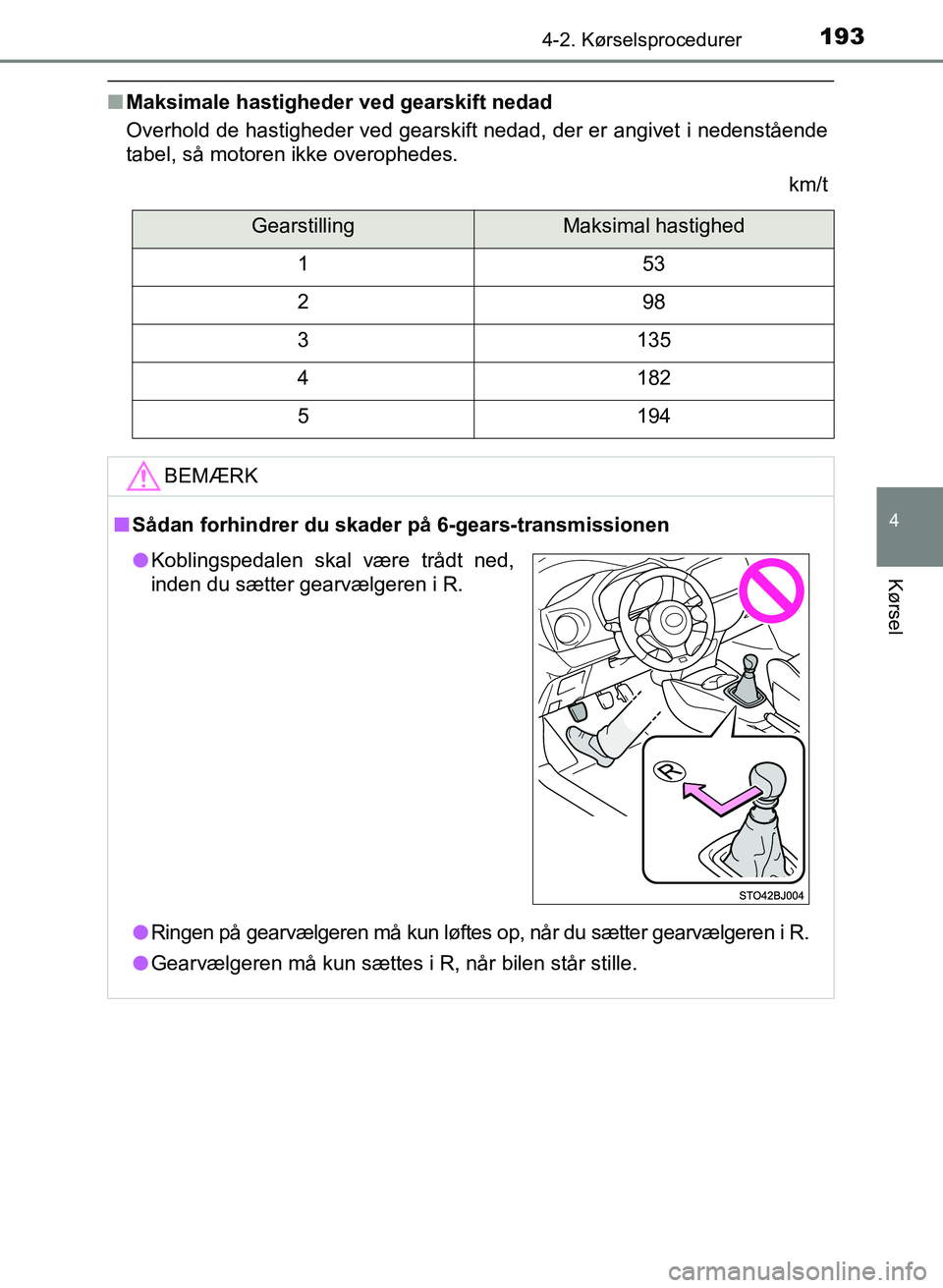 TOYOTA YARIS GRMN 2017  Brugsanvisning (in Danish) 1934-2. Kørselsprocedurer
4
Kørsel
YARIS_GRMN_OM_Euro-
pe_OM52J40DK
nMaksimale hastigheder ved gearskift nedad
Overhold de hastigheder ved gearskift nedad, der er angivet i nedenstående  
tabel, s