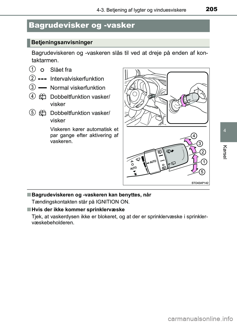 TOYOTA YARIS GRMN 2017  Brugsanvisning (in Danish) 205
4
4-3. Betjening af lygter og vinduesviskere
Kørsel
YARIS_GRMN_OM_Euro-
pe_OM52J40DK
Bagrudevisker og -vasker
Bagrudeviskeren og -vaskeren slås til ved at dreje på enden af kon-
taktarmen.
Slå