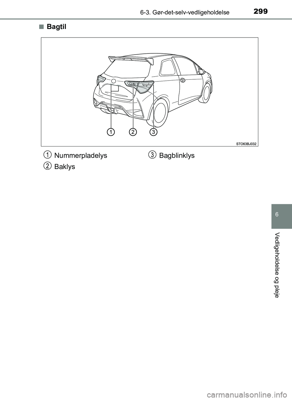 TOYOTA YARIS GRMN 2017  Brugsanvisning (in Danish) 2996-3. Gør-det-selv-vedligeholdelse
YARIS_GRMN_OM_Euro-
pe_OM52J40DK
6
Vedligeholdelse og pleje
nBagtil
Nummerpladelys
BaklysBagblinklys
OM52J40DK.book  Page 299  Tuesday, February 6, 2018  9:40 AM 