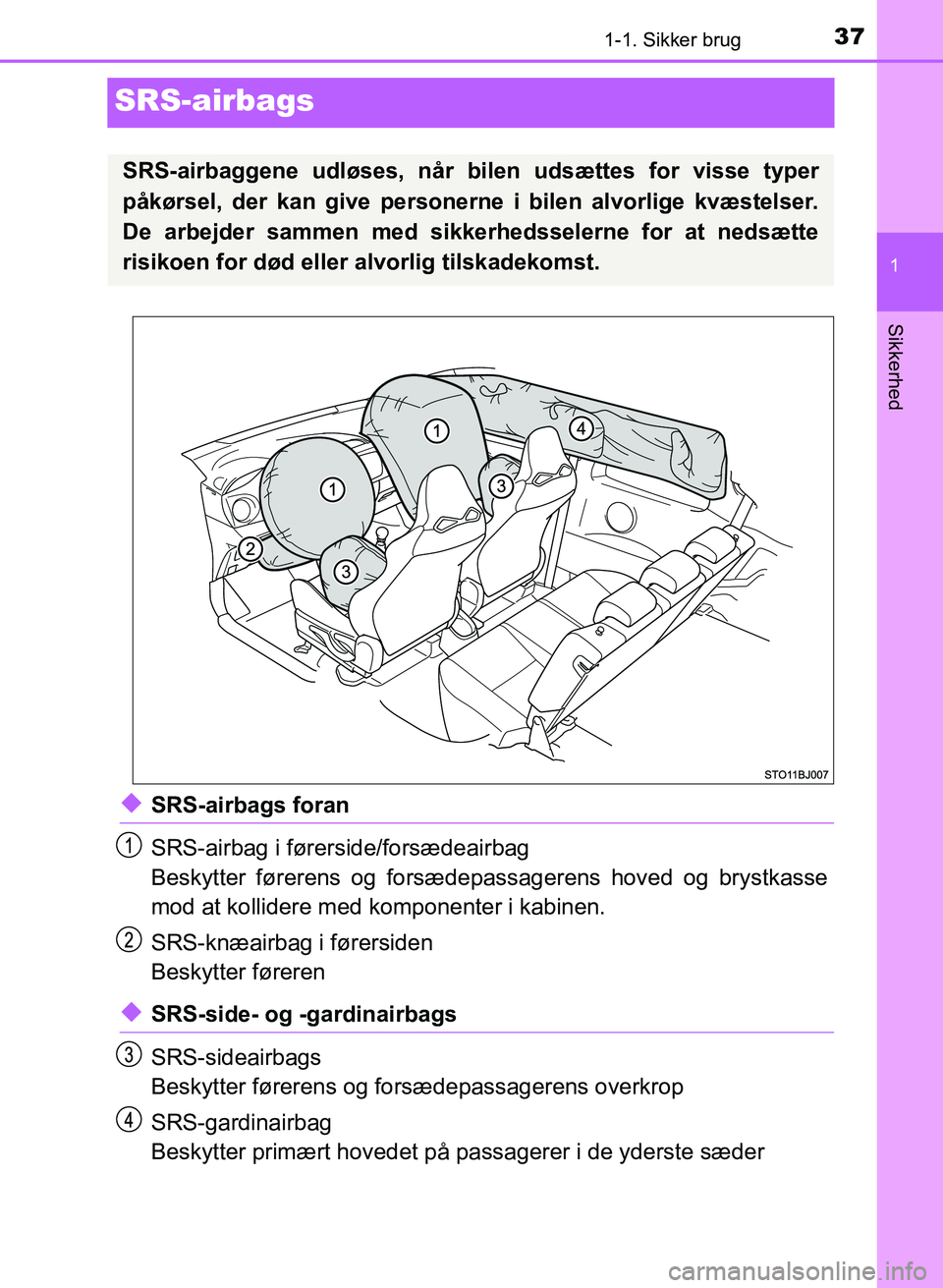 TOYOTA YARIS GRMN 2017 Brugsanvisning (in Danish) 371-1. Sikker brug
1
Sikkerhed
YARIS_GRMN_OM_Euro-
pe_OM52J40DK
SRS-airbags
uSRS-airbags foran
SRS-airbag i førerside/forsædeairbagï€
Beskytter førerens og forsædepassagerens hoved og brystkasse TOYOTA YARIS GRMN 2017 Brugsanvisning (in Danish) 371-1. Sikker brug
1
Sikkerhed
YARIS_GRMN_OM_Euro-
pe_OM52J40DK
SRS-airbags
uSRS-airbags foran
SRS-airbag i førerside/forsædeairbagï€
Beskytter førerens og forsædepassagerens hoved og brystkasse