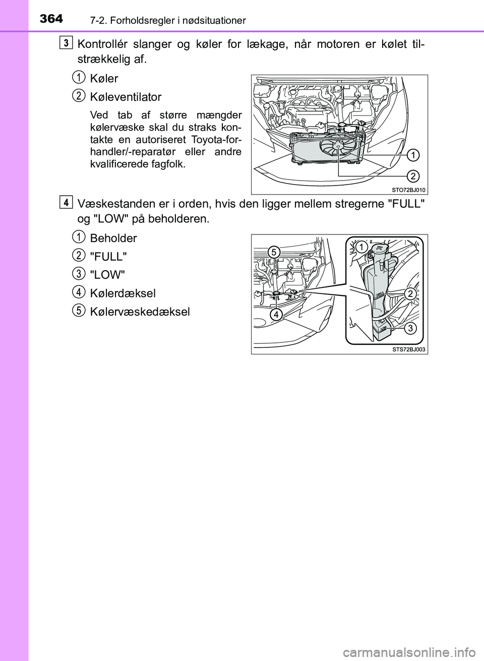 TOYOTA YARIS GRMN 2017 Brugsanvisning (in Danish) 3647-2. Forholdsregler i nødsituationer
YARIS_GRMN_OM_Euro-
pe_OM52J40DK
Kontrollér slanger og køler for lækage, når motoren er kølet til-
strækkelig af.Køler
Køleventilator
Ved tab af størr TOYOTA YARIS GRMN 2017 Brugsanvisning (in Danish) 3647-2. Forholdsregler i nødsituationer
YARIS_GRMN_OM_Euro-
pe_OM52J40DK
Kontrollér slanger og køler for lækage, når motoren er kølet til-
strækkelig af.Køler
Køleventilator
Ved tab af størr