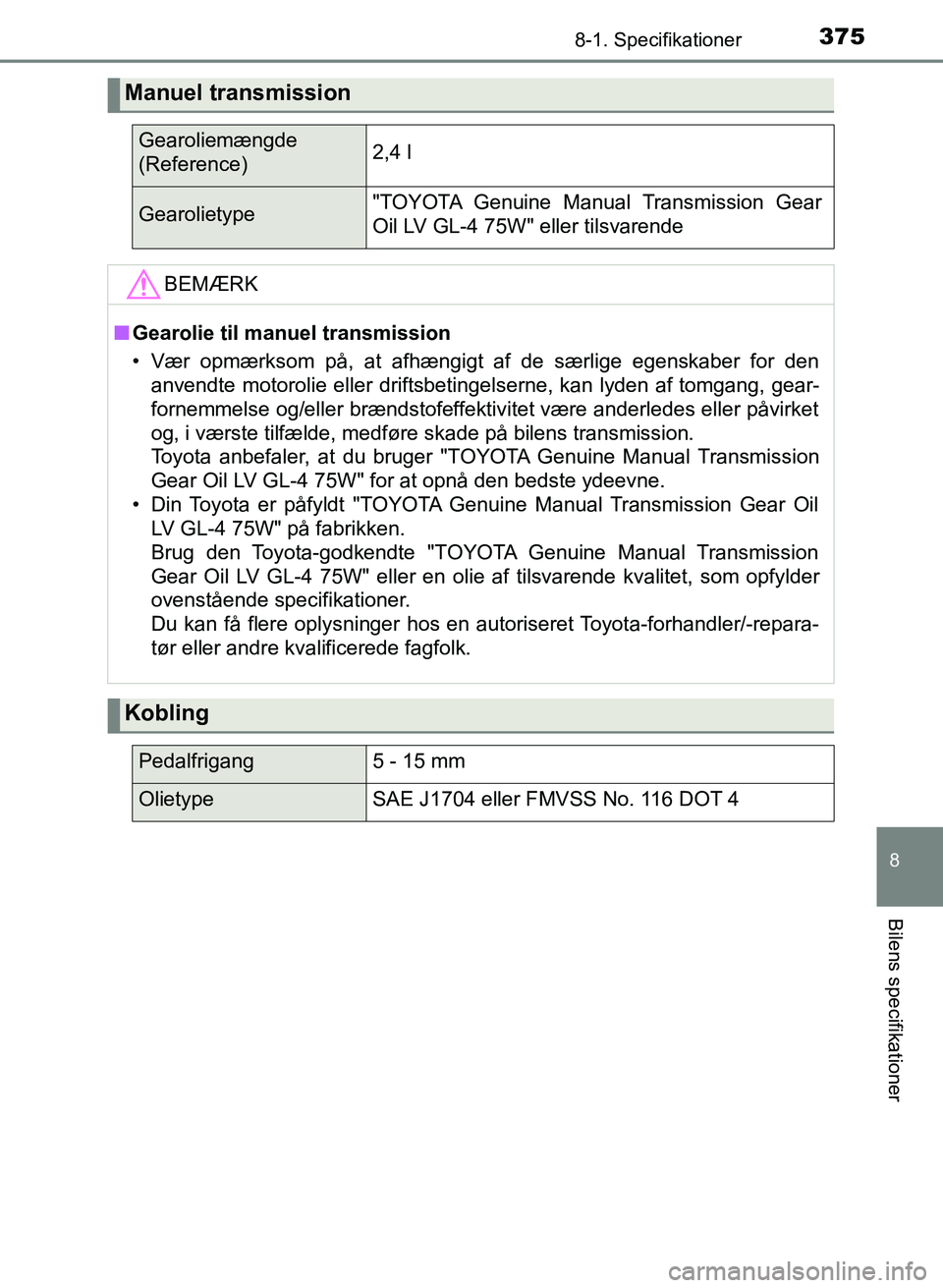 TOYOTA YARIS GRMN 2017 Brugsanvisning (in Danish) 3758-1. Specifikationer
8
Bilens specifikationer
YARIS_GRMN_OM_Euro-
pe_OM52J40DK
Manuel transmission
Gearoliemængde
(Reference)2,4 l
Gearolietype"TOYOTA Genuine Manual Transmission Gear
Oil LV TOYOTA YARIS GRMN 2017 Brugsanvisning (in Danish) 3758-1. Specifikationer
8
Bilens specifikationer
YARIS_GRMN_OM_Euro-
pe_OM52J40DK
Manuel transmission
Gearoliemængde
(Reference)2,4 l
Gearolietype"TOYOTA Genuine Manual Transmission Gear
Oil LV