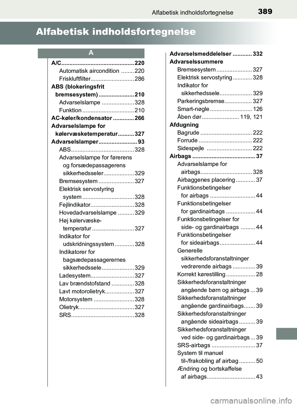 TOYOTA YARIS GRMN 2017  Brugsanvisning (in Danish) 389Alfabetisk indholdsfortegnelse
YARIS_GRMN_OM_Euro-
pe_OM52J40DK
Alfabetisk indholdsfortegnelse
A/C............................................. 220
Automatisk aircondition  ........ 220
Friskluftfi