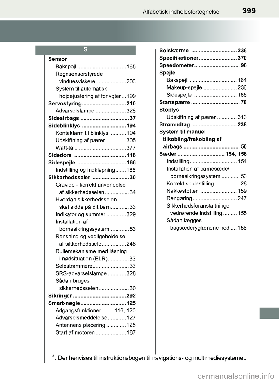 TOYOTA YARIS GRMN 2017 Brugsanvisning (in Danish) 399Alfabetisk indholdsfortegnelse
YARIS_GRMN_OM_Euro-
pe_OM52J40DK
SensorBakspejl ................................ 165
Regnsensorstyrede
vinduesviskere ................... 203
System til automati TOYOTA YARIS GRMN 2017 Brugsanvisning (in Danish) 399Alfabetisk indholdsfortegnelse
YARIS_GRMN_OM_Euro-
pe_OM52J40DK
SensorBakspejl ................................ 165
Regnsensorstyrede
vinduesviskere ................... 203
System til automati