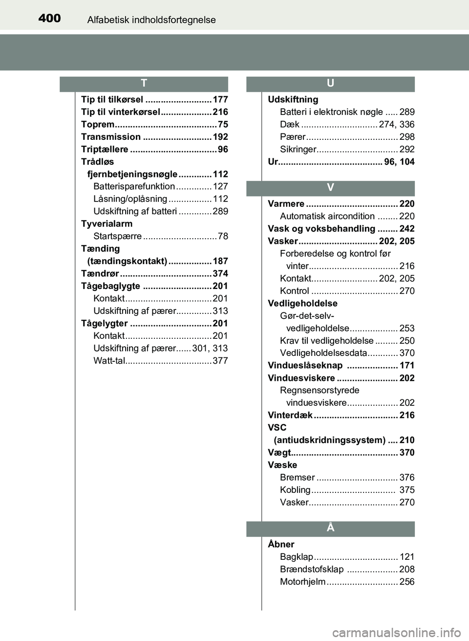 TOYOTA YARIS GRMN 2017 Brugsanvisning (in Danish) 400Alfabetisk indholdsfortegnelse
YARIS_GRMN_OM_Euro-
pe_OM52J40DK
Tip til tilkørsel .......................... 177
Tip til vinterkørsel .................... 216
Toprem.............................. TOYOTA YARIS GRMN 2017 Brugsanvisning (in Danish) 400Alfabetisk indholdsfortegnelse
YARIS_GRMN_OM_Euro-
pe_OM52J40DK
Tip til tilkørsel .......................... 177
Tip til vinterkørsel .................... 216
Toprem..............................