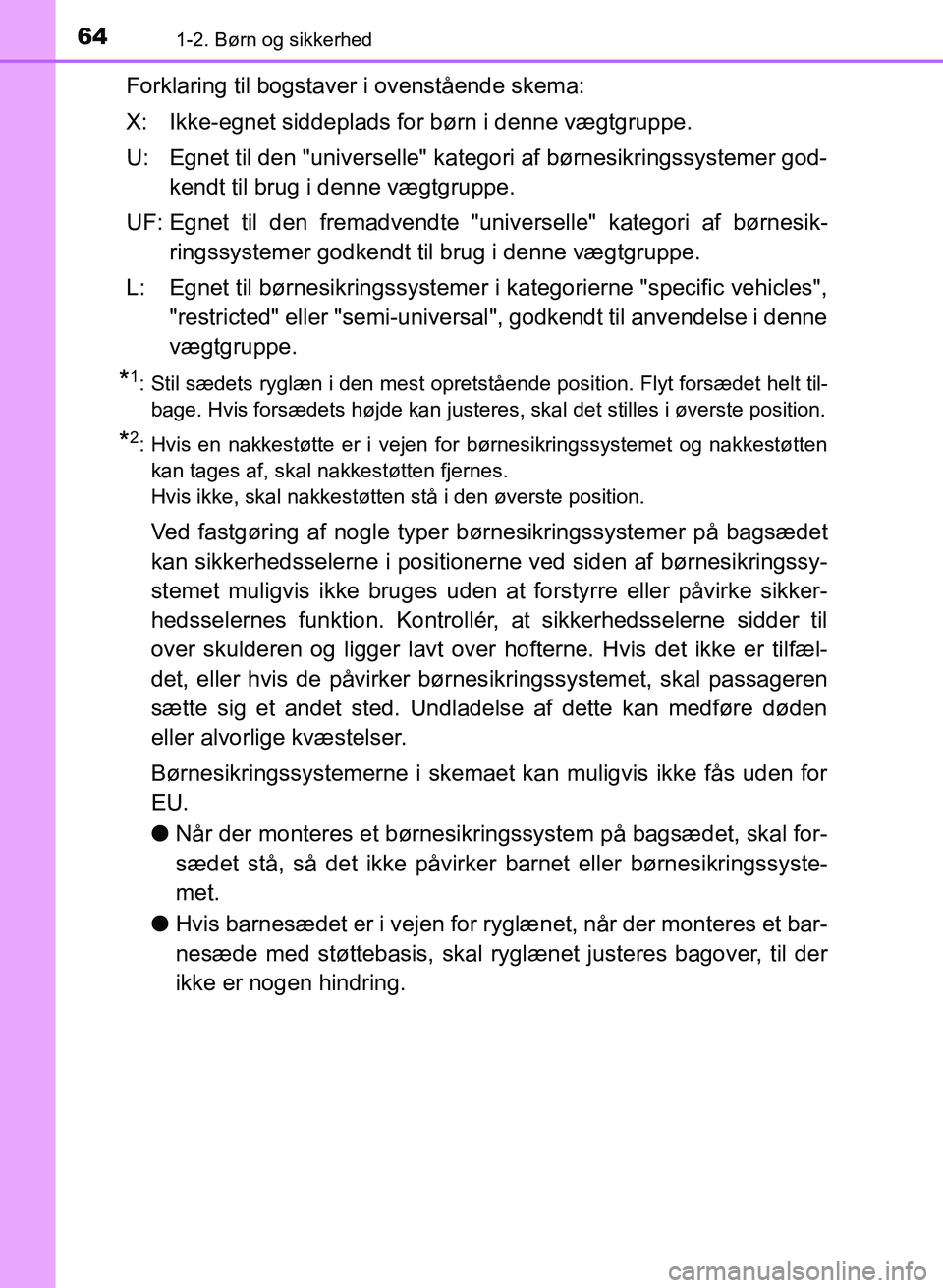 TOYOTA YARIS GRMN 2017  Brugsanvisning (in Danish) 641-2. Børn og sikkerhed
YARIS_GRMN_OM_Euro-
pe_OM52J40DK
Forklaring til bogstaver i ovenstående skema:
X: Ikke-egnet siddeplads for børn i denne vægtgruppe.
U: Egnet til den "universelle" kategor