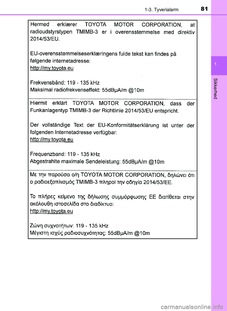 TOYOTA YARIS GRMN 2017  Brugsanvisning (in Danish) 811-3. Tyverialarm
1
Sikkerhed
YARIS_GRMN_OM_Euro-
pe_OM52J40DK
OM52J40DK.book  Page 81  Tuesday, February 6, 2018  9:40 AM 