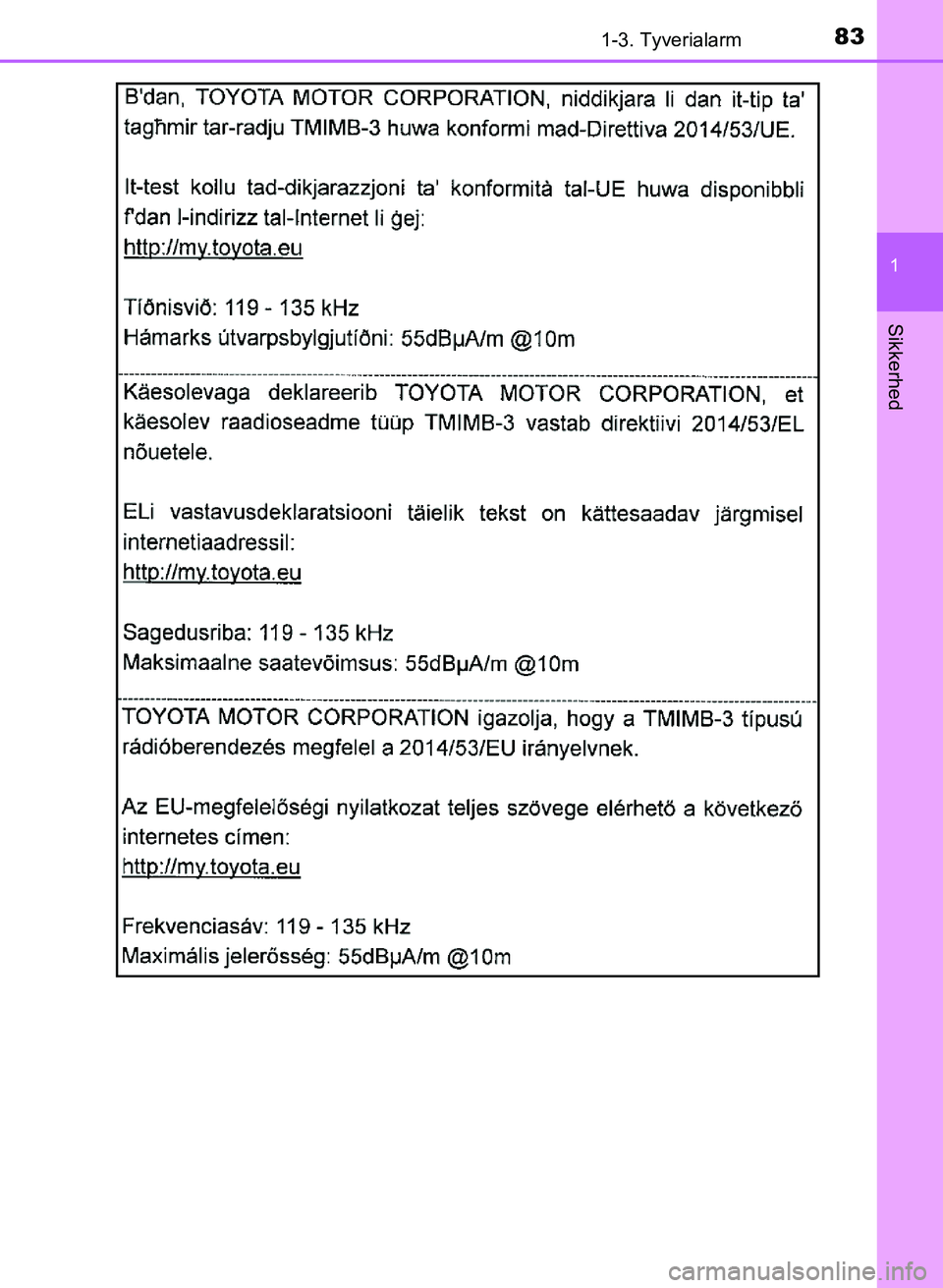 TOYOTA YARIS GRMN 2017  Brugsanvisning (in Danish) 831-3. Tyverialarm
1
Sikkerhed
YARIS_GRMN_OM_Euro-
pe_OM52J40DK
OM52J40DK.book  Page 83  Tuesday, February 6, 2018  9:40 AM 