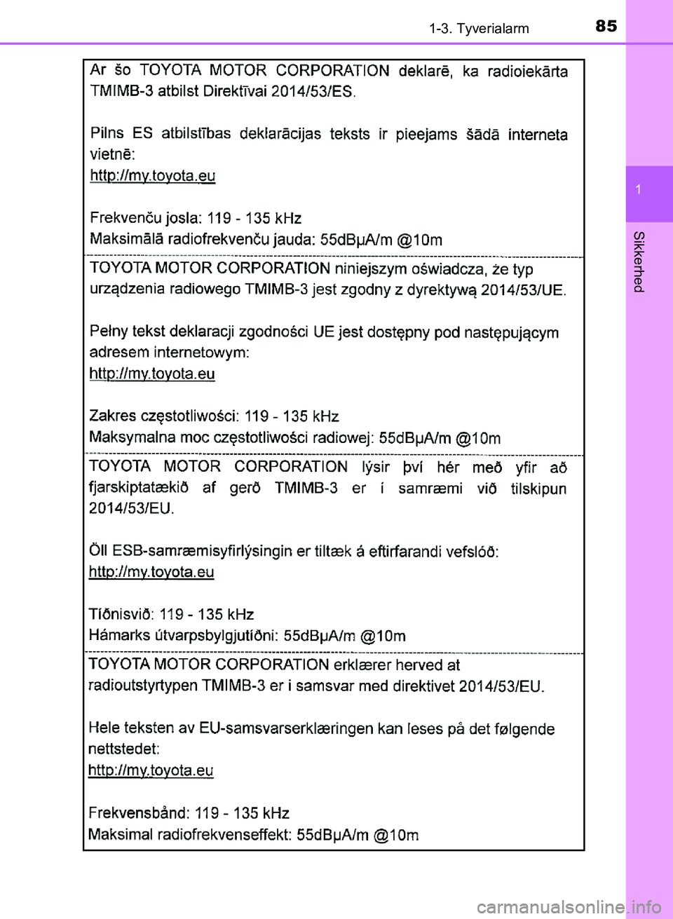 TOYOTA YARIS GRMN 2017  Brugsanvisning (in Danish) 851-3. Tyverialarm
1
Sikkerhed
YARIS_GRMN_OM_Euro-
pe_OM52J40DK
OM52J40DK.book  Page 85  Tuesday, February 6, 2018  9:40 AM 