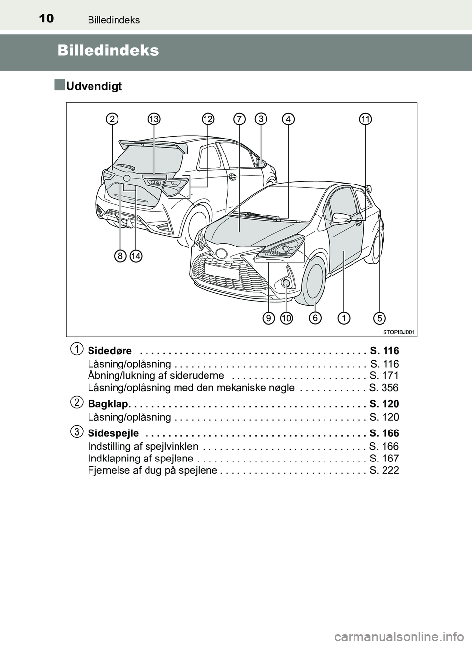 TOYOTA YARIS GRMN 2017  Brugsanvisning (in Danish) 10Billedindeks
YARIS_GRMN_OM_Euro-
pe_OM52J40DK
Billedindeks
n
Udvendigt
Sidedøre   . . . . . . . . . . . . . . . . . . . . . . . . . . . . . . . . . . . . . . . .  S. 116
Låsning/oplåsning . . . .