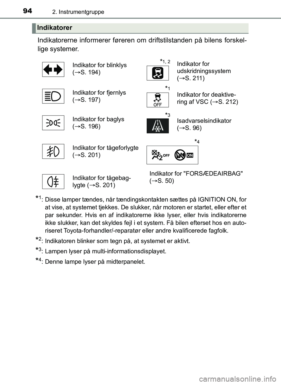 TOYOTA YARIS GRMN 2017  Brugsanvisning (in Danish) 942. Instrumentgruppe
YARIS_GRMN_OM_Euro-
pe_OM52J40DK
Indikatorerne informerer føreren om driftstilstanden på bilens forskel-
lige systemer.
*1: Disse lamper tændes, når tændingskontakten sætte