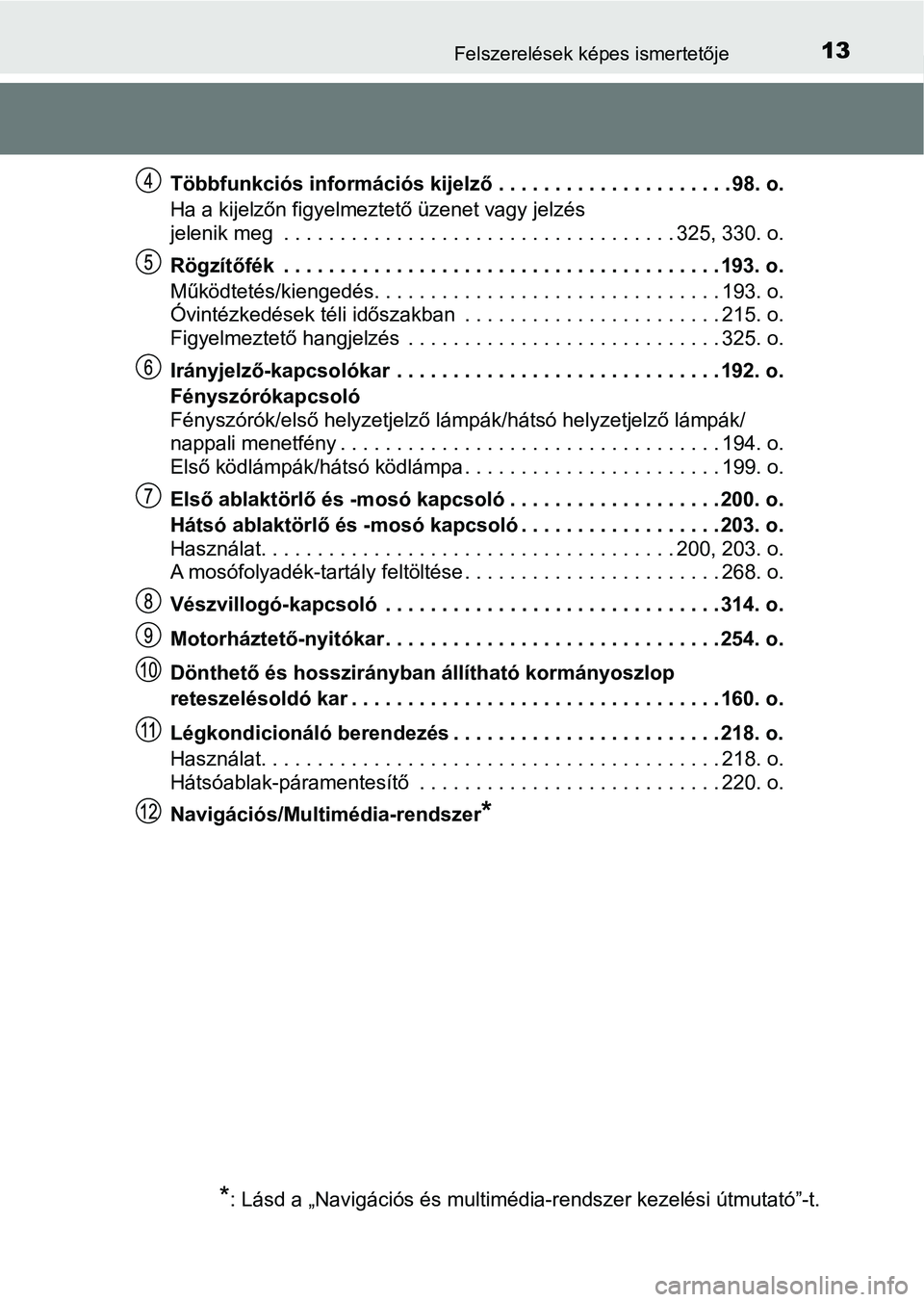 TOYOTA YARIS GRMN 2017 Kezelési útmutató (in Hungarian) 13Felszerelések képes ismertetője
Többfunkciós információs kijelző . . . . . . . . . . . . . . . . . . . . . 98. o.
Ha a kijelzőn figyelmeztető üzenet vagy jelzés
jelenik meg . . . . . . TOYOTA YARIS GRMN 2017 Kezelési útmutató (in Hungarian) 13Felszerelések képes ismertetője
Többfunkciós információs kijelző . . . . . . . . . . . . . . . . . . . . . 98. o.
Ha a kijelzőn figyelmeztető üzenet vagy jelzés
jelenik meg . . . . . .