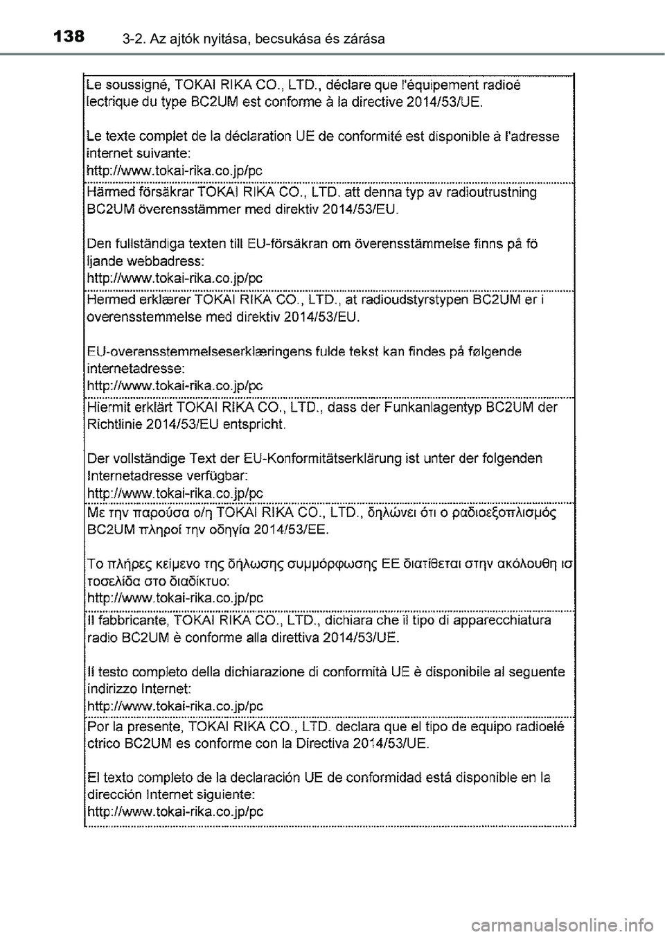 TOYOTA YARIS GRMN 2017 Kezelési útmutató (in Hungarian) 1383-2. Az ajtók nyitása, becsukása és zárása TOYOTA YARIS GRMN 2017 Kezelési útmutató (in Hungarian) 1383-2. Az ajtók nyitása, becsukása és zárása