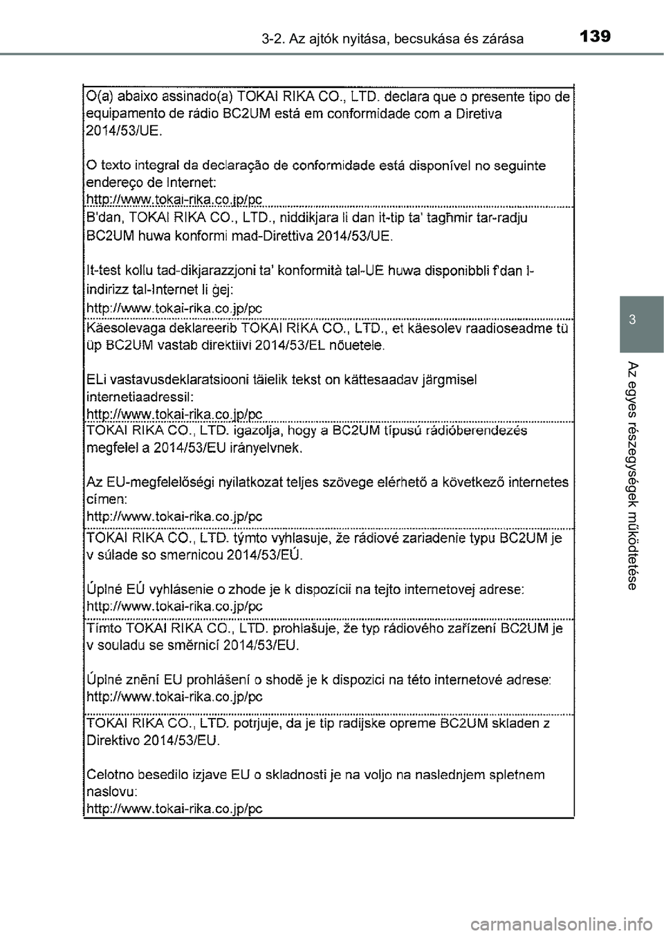 TOYOTA YARIS GRMN 2017 Kezelési útmutató (in Hungarian) 1393-2. Az ajtók nyitása, becsukása és zárása
3
Az egyes részegységek működtetése TOYOTA YARIS GRMN 2017 Kezelési útmutató (in Hungarian) 1393-2. Az ajtók nyitása, becsukása és zárása
3
Az egyes részegységek működtetése