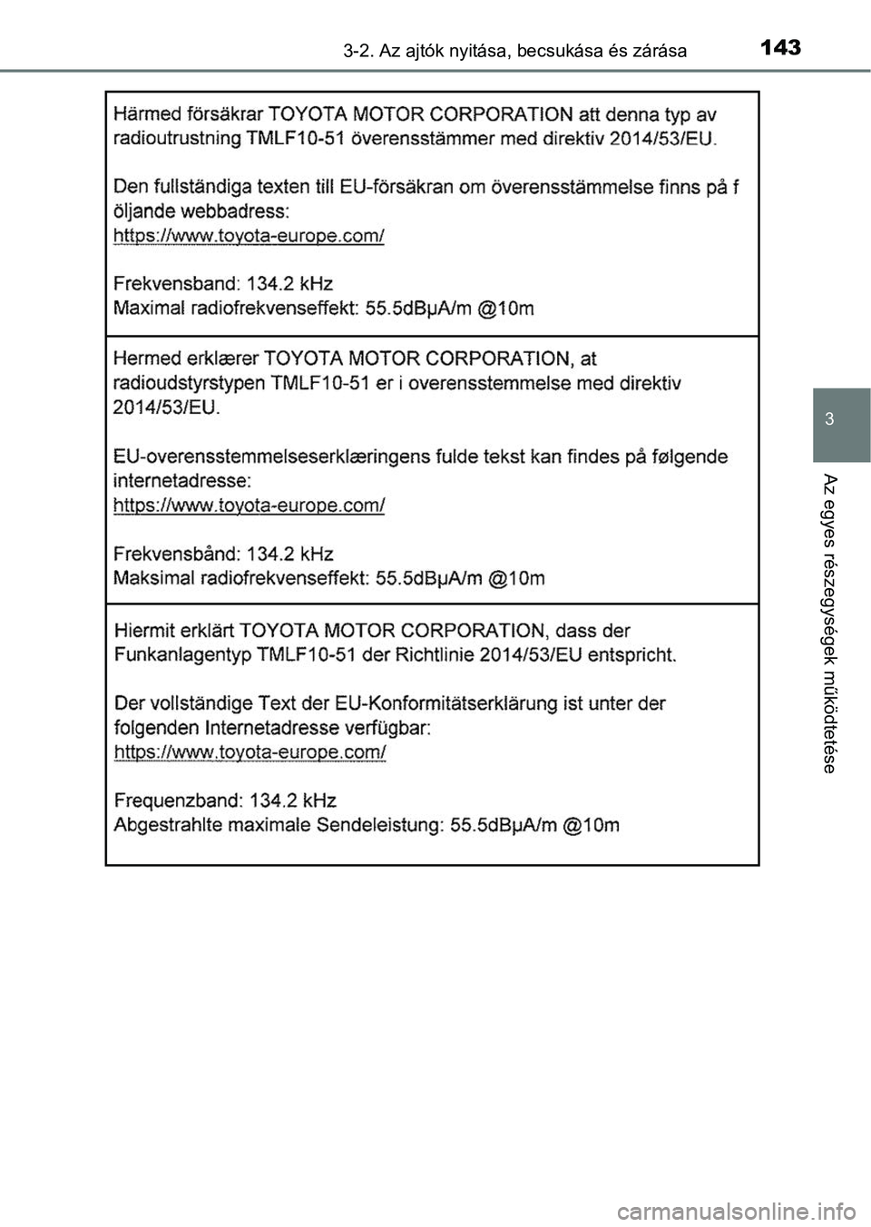 TOYOTA YARIS GRMN 2017 Kezelési útmutató (in Hungarian) 1433-2. Az ajtók nyitása, becsukása és zárása
3
Az egyes részegységek működtetése TOYOTA YARIS GRMN 2017 Kezelési útmutató (in Hungarian) 1433-2. Az ajtók nyitása, becsukása és zárása
3
Az egyes részegységek működtetése