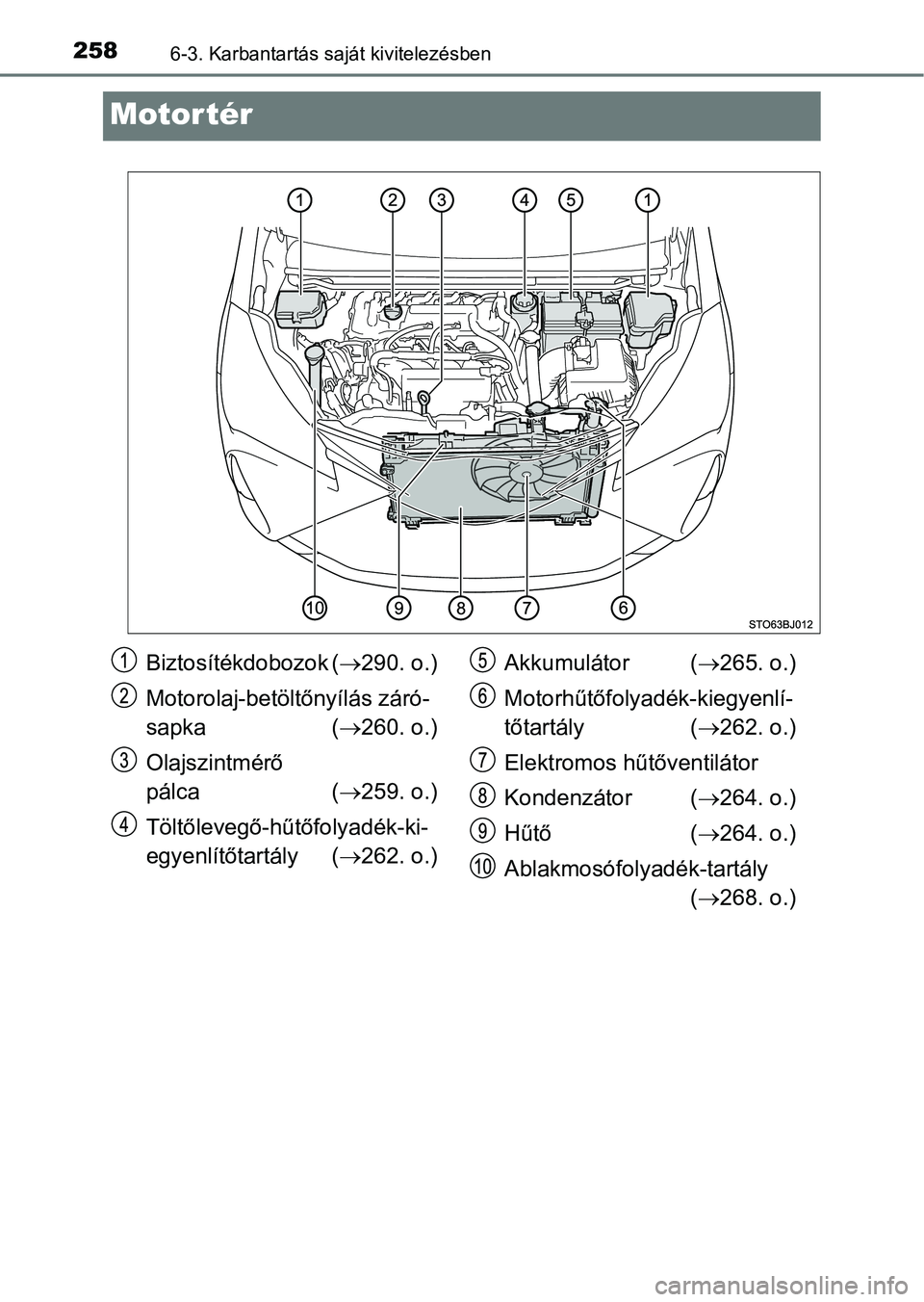TOYOTA YARIS GRMN 2017  Kezelési útmutató (in Hungarian) 2586-3. Karbantartás saját kivitelezésben
Motor tér
Biztosítékdobozok (290. o.)
Motorolaj-betöltőnyílás záró-
sapka ( 260. o.)
Olajszintmérő 
pálca ( 259. o.)
Töltőlevegő-h