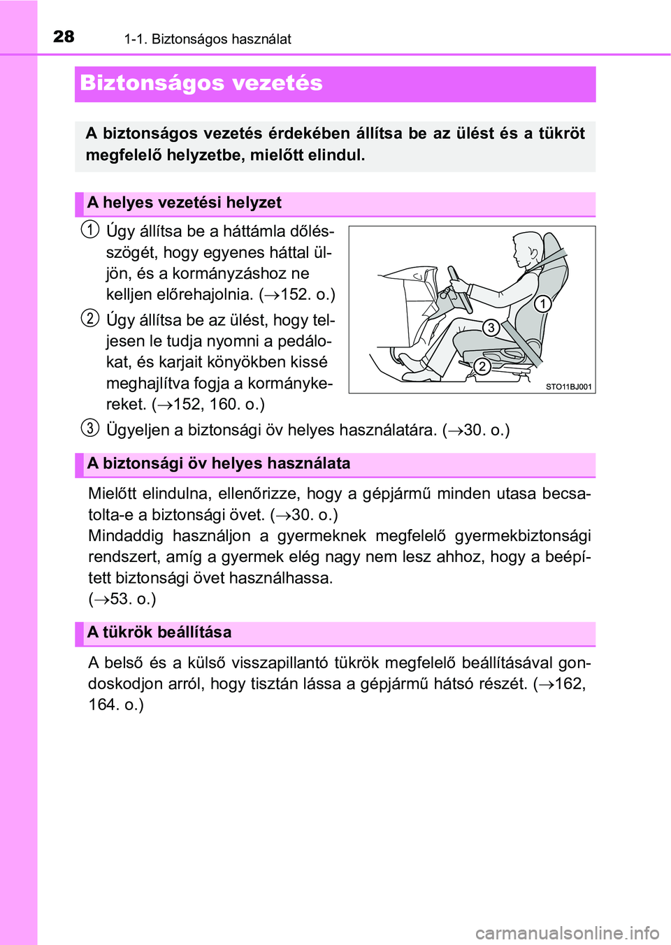 TOYOTA YARIS GRMN 2017  Kezelési útmutató (in Hungarian) 281-1. Biztonságos használat
Biztonságos vezetés
Úgy állítsa be a háttámla dőlés-
szögét, hogy egyenes háttal ül-
jön, és a kormányzáshoz ne 
kelljen előrehajolnia. (152. o.)
Ú