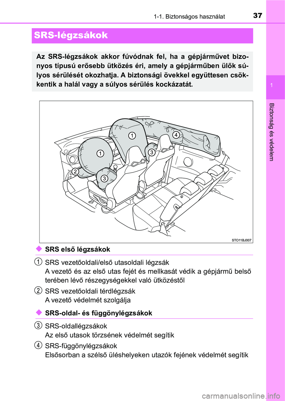 TOYOTA YARIS GRMN 2017 Kezelési útmutató (in Hungarian) 371-1. Biztonságos használat
1
Biztonság és védelem
SRS-légzsákok
uSRS első légzsákok
SRS vezetőoldali/első utasoldali légzsák
A vezető és az első utas fejét és mellkasát védik a TOYOTA YARIS GRMN 2017 Kezelési útmutató (in Hungarian) 371-1. Biztonságos használat
1
Biztonság és védelem
SRS-légzsákok
uSRS első légzsákok
SRS vezetőoldali/első utasoldali légzsák
A vezető és az első utas fejét és mellkasát védik a