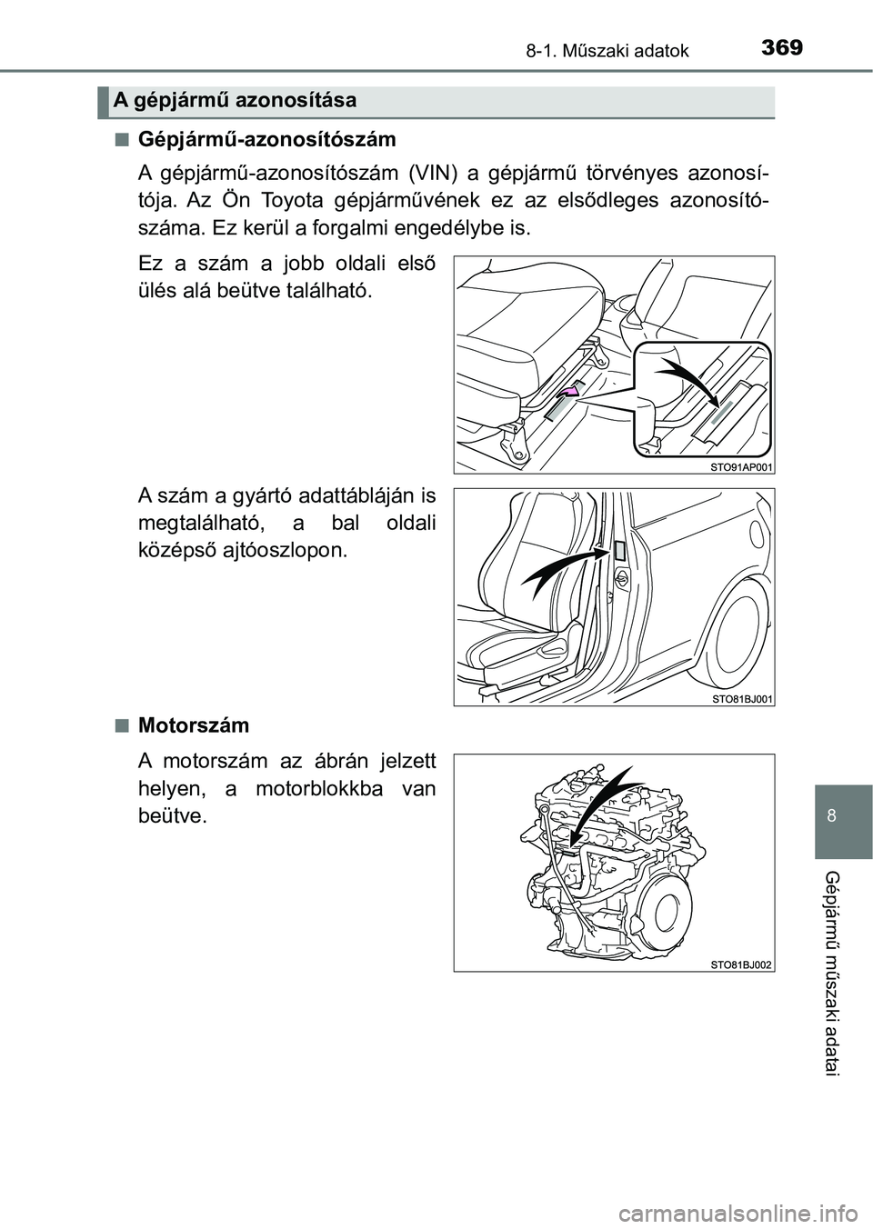 TOYOTA YARIS GRMN 2017  Kezelési útmutató (in Hungarian) 3698-1. Műszaki adatok
8
Gépjármű műszaki adatai
nGépjármű-azonosítószám
A  gépjármű-azonosítószám  (VIN)  a  gépjármű  törvényes  azonosí-
tója.  Az  Ön  Toyota  gépjárműv