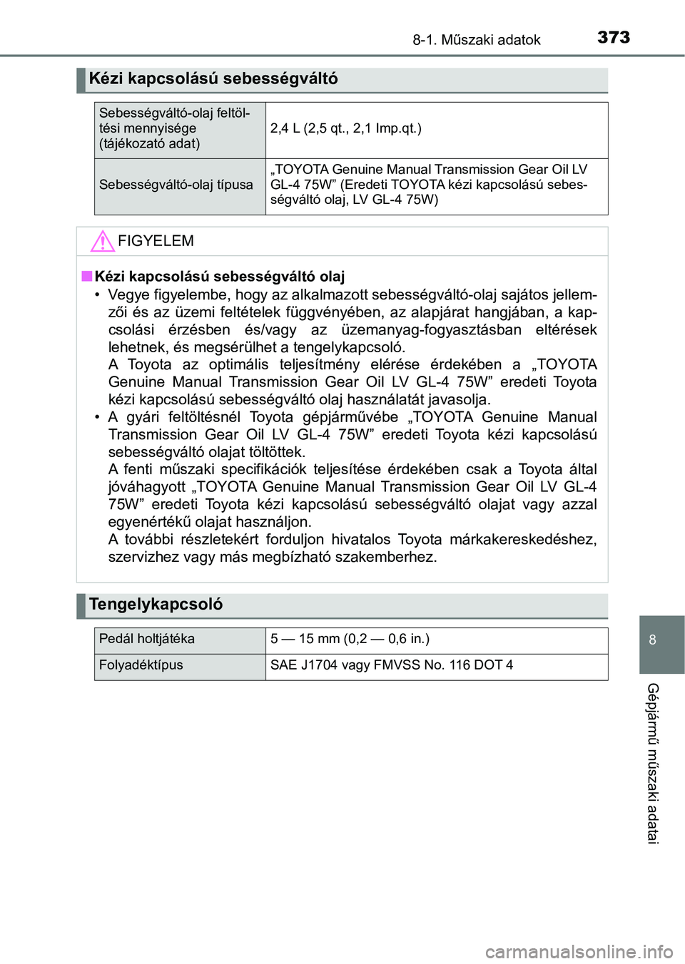 TOYOTA YARIS GRMN 2017  Kezelési útmutató (in Hungarian) 3738-1. Műszaki adatok
8
Gépjármű műszaki adatai
Kézi kapcsolású sebességváltó
Sebességváltó-olaj feltöl-
tési mennyisége 
(tájékozató adat)2,4 L (2,5 qt., 2,1 Imp.qt.)
Sebességv