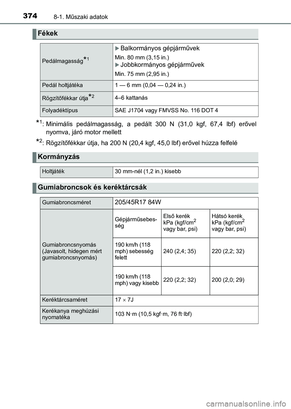 TOYOTA YARIS GRMN 2017  Kezelési útmutató (in Hungarian) 3748-1. Műszaki adatok
*1: Minimális  pedálmagasság,  a  pedált  300  N  (31,0  kgf,  67,4  lbf)  erővel
nyomva, járó motor mellett
*2: Rögzítőfékkar útja, ha 200 N (20,4 kgf, 45,0 lbf) e