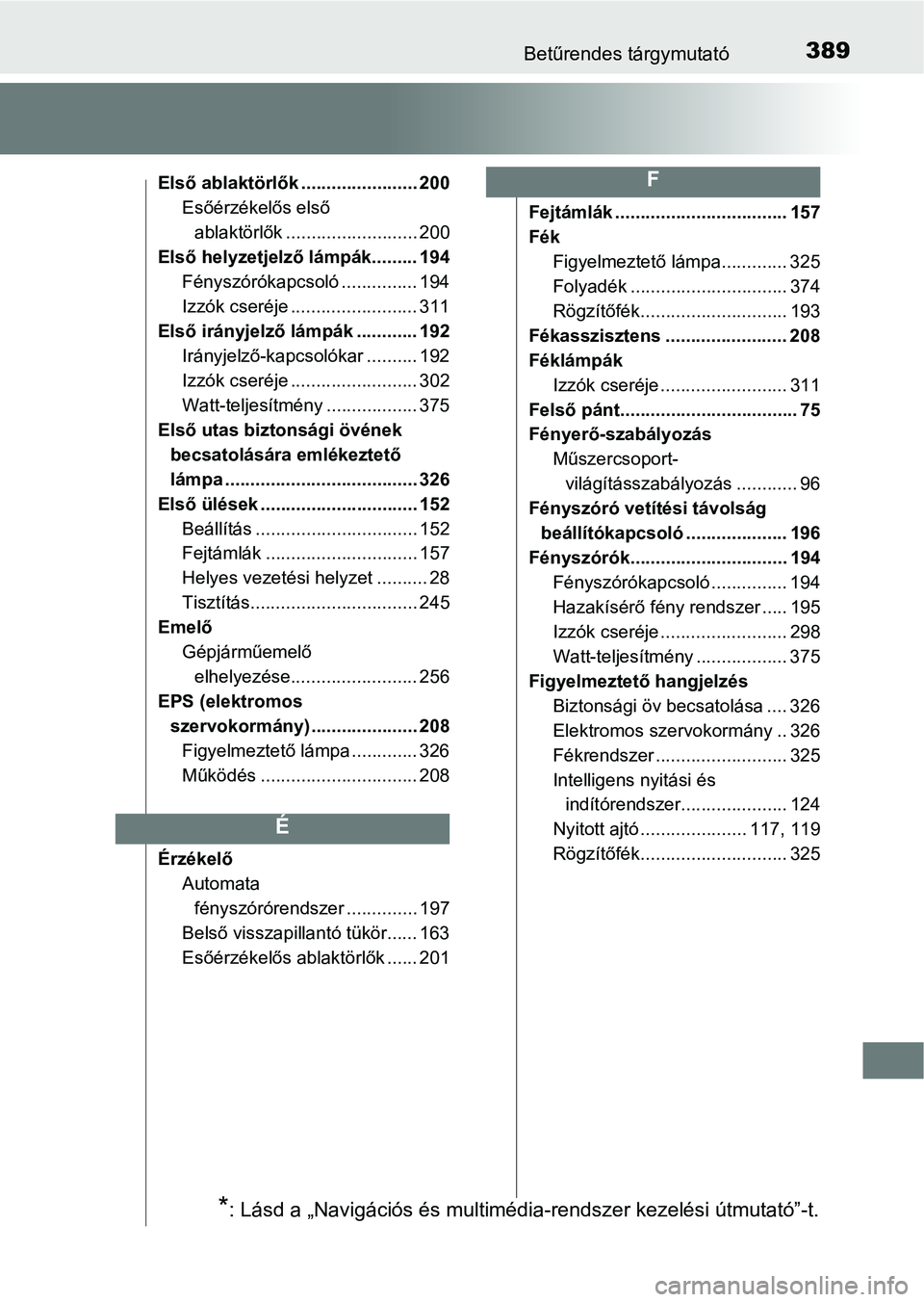 TOYOTA YARIS GRMN 2017  Kezelési útmutató (in Hungarian) 389Betűrendes tárgymutató
Első ablaktörlők ....................... 200Esőérzékelős első ablaktörlők .......................... 200
Első helyzetjelző lámpák......... 194
Fényszóróka