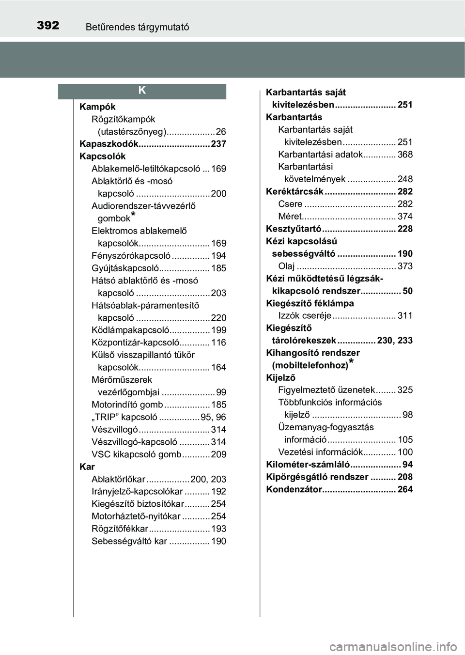 TOYOTA YARIS GRMN 2017 Kezelési útmutató (in Hungarian) 392Betűrendes tárgymutató
KampókRögzítőkampók (utastérszőnyeg) ................... 26
Kapaszkodók............................ 237
Kapcsolók
Ablakemelő-letiltókapcsoló ... 169
Ablaktörl TOYOTA YARIS GRMN 2017 Kezelési útmutató (in Hungarian) 392Betűrendes tárgymutató
KampókRögzítőkampók (utastérszőnyeg) ................... 26
Kapaszkodók............................ 237
Kapcsolók
Ablakemelő-letiltókapcsoló ... 169
Ablaktörl