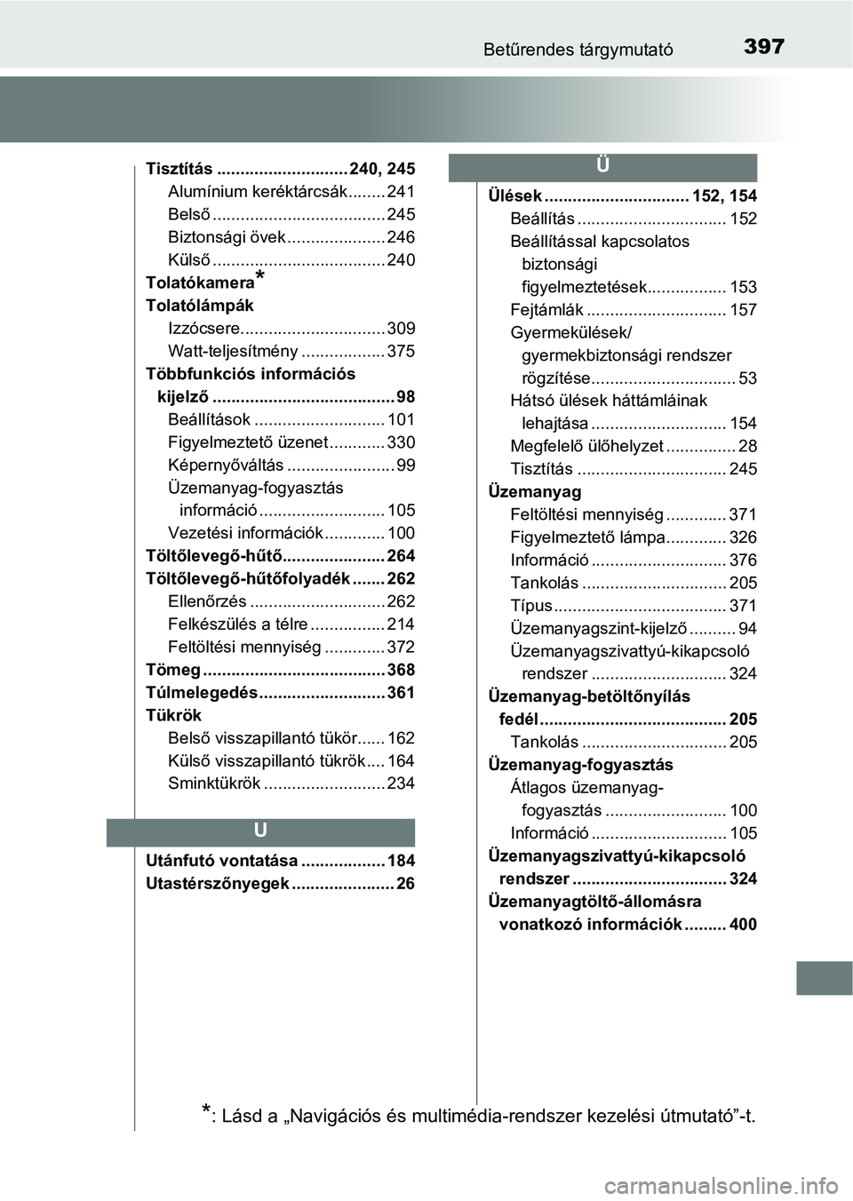 TOYOTA YARIS GRMN 2017 Kezelési útmutató (in Hungarian) 397Betűrendes tárgymutató
Tisztítás ............................ 240, 245Alumínium keréktárcsák........ 241
Belső ..................................... 245
Biztonsági övek ................ TOYOTA YARIS GRMN 2017 Kezelési útmutató (in Hungarian) 397Betűrendes tárgymutató
Tisztítás ............................ 240, 245Alumínium keréktárcsák........ 241
Belső ..................................... 245
Biztonsági övek ................
