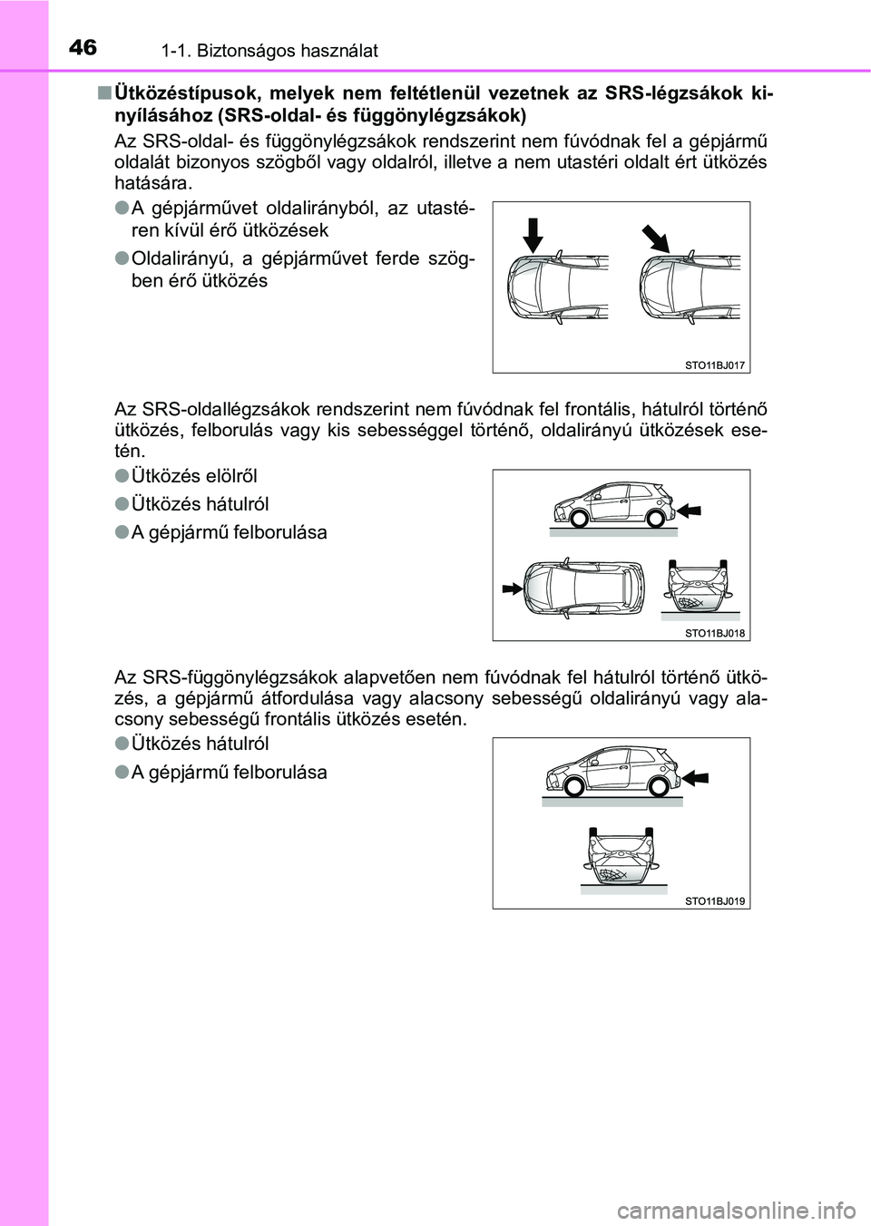 TOYOTA YARIS GRMN 2017 Kezelési útmutató (in Hungarian) 461-1. Biztonságos használat
nÜtközéstípusok, melyek nem feltétlenül vezetnek az SRS-légzsáko k ki-
nyílásához (SRS-oldal- és függönylégzsákok)
Az SRS-oldal- és függönyl TOYOTA YARIS GRMN 2017 Kezelési útmutató (in Hungarian) 461-1. Biztonságos használat
nÜtközéstípusok, melyek nem feltétlenül vezetnek az SRS-légzsáko k ki-
nyílásához (SRS-oldal- és függönylégzsákok)
Az SRS-oldal- és függönyl