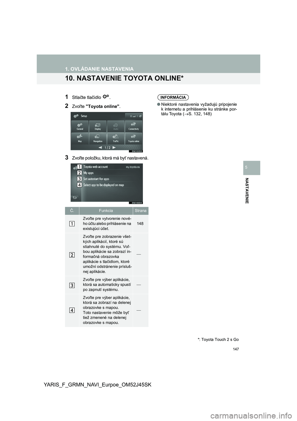 TOYOTA YARIS GRMN 2017 Návod na použitie (in Slovakian) 147
YARIS_F_GRMN_NAVI_Eurpoe_OM52J45SK
1. OVLÁDANIE NASTAVENIA
NASTAVENIE
5
10. NASTAVENIE TOYOTA ONLINE*
1Stlačte tlačidlo .
2Zvoľte "Toyota online".
3Zvoľte položku, ktorá má byť n TOYOTA YARIS GRMN 2017 Návod na použitie (in Slovakian) 147
YARIS_F_GRMN_NAVI_Eurpoe_OM52J45SK
1. OVLÁDANIE NASTAVENIA
NASTAVENIE
5
10. NASTAVENIE TOYOTA ONLINE*
1Stlačte tlačidlo .
2Zvoľte "Toyota online".
3Zvoľte položku, ktorá má byť n