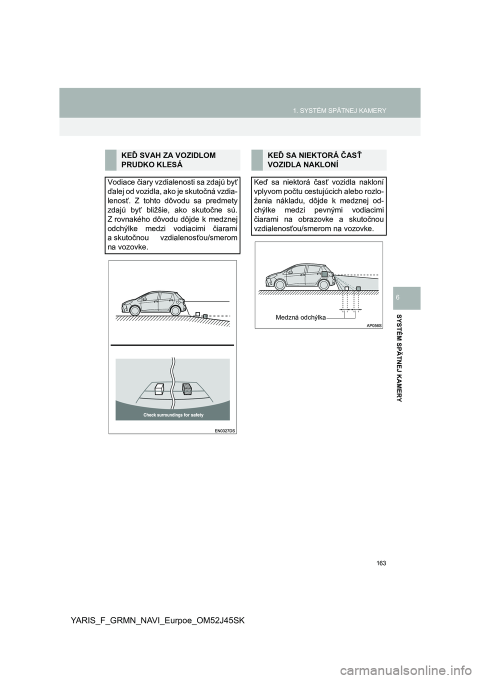 TOYOTA YARIS GRMN 2017 Návod na použitie (in Slovakian) 163
1. SYSTÉM SPÄTNEJ KAMERY
YARIS_F_GRMN_NAVI_Eurpoe_OM52J45SK
SYSTÉM SPÄTNEJ KAMERY
6
KEĎ SVAH ZA VOZIDLOM
PRUDKO KLESÁ
Vodiace čiary vzdialenosti sa zdajú byť
ďalej od vozidla, ako je sk TOYOTA YARIS GRMN 2017 Návod na použitie (in Slovakian) 163
1. SYSTÉM SPÄTNEJ KAMERY
YARIS_F_GRMN_NAVI_Eurpoe_OM52J45SK
SYSTÉM SPÄTNEJ KAMERY
6
KEĎ SVAH ZA VOZIDLOM
PRUDKO KLESÁ
Vodiace čiary vzdialenosti sa zdajú byť
ďalej od vozidla, ako je sk