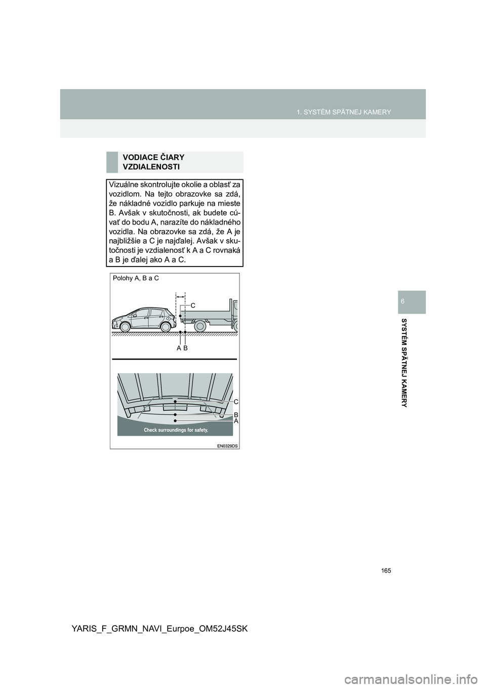TOYOTA YARIS GRMN 2017 Návod na použitie (in Slovakian) 165
1. SYSTÉM SPÄTNEJ KAMERY
YARIS_F_GRMN_NAVI_Eurpoe_OM52J45SK
SYSTÉM SPÄTNEJ KAMERY
6
VODIACE ČIARY
VZDIALENOSTI
Vizuálne skontrolujte okolie a oblasť za
vozidlom. Na tejto obrazovke sa TOYOTA YARIS GRMN 2017 Návod na použitie (in Slovakian) 165
1. SYSTÉM SPÄTNEJ KAMERY
YARIS_F_GRMN_NAVI_Eurpoe_OM52J45SK
SYSTÉM SPÄTNEJ KAMERY
6
VODIACE ČIARY
VZDIALENOSTI
Vizuálne skontrolujte okolie a oblasť za
vozidlom. Na tejto obrazovke sa