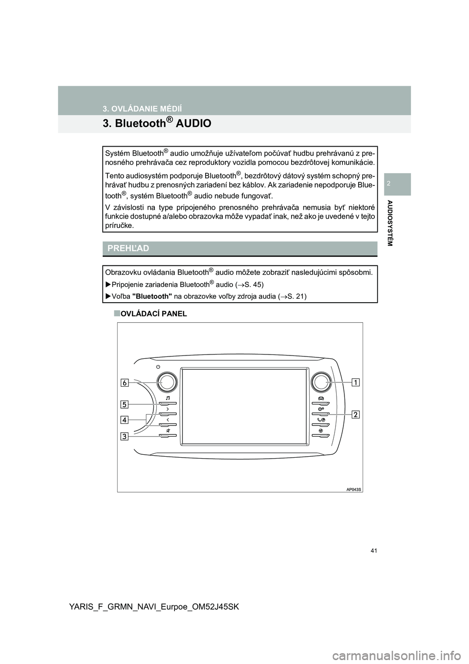TOYOTA YARIS GRMN 2017  Návod na použitie (in Slovakian) 41
YARIS_F_GRMN_NAVI_Eurpoe_OM52J45SK
3. OVLÁDANIE MÉDIÍ
AUDIOSYSTÉM
2
3. Bluetooth® AUDIO
■OVLÁDACÍ PANEL Systém Bluetooth
® audio umožňuje užívateľom počúvať hudbu prehrávanú z 