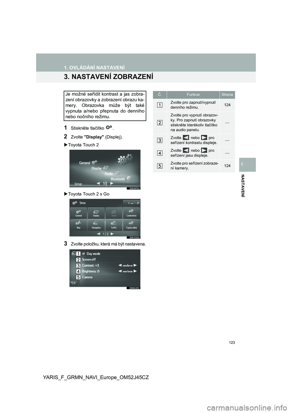 TOYOTA YARIS GRMN 2017  Návod na použití (in Czech) 123
YARIS_F_GRMN_NAVI_Europe_OM52J45CZ
1. OVLÁDÁNÍ NASTAVENÍ
NASTAVENÍ
5
3. NASTAVENÍ ZOBRAZENÍ
1Stiskněte tlačítko  .
2Zvolte "Display" (Displej). 
 Toyota Touch 2 
 Toyota To