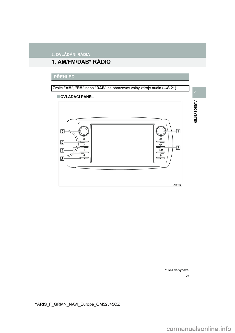 TOYOTA YARIS GRMN 2017  Návod na použití (in Czech) 23
YARIS_F_GRMN_NAVI_Europe_OM52J45CZ
AUDIOSYSTÉM
2
2. OVLÁDÁNÍ RÁDIA
1. AM/FM/DAB* RÁDIO
■OVLÁDACÍ PANEL
PŘEHLED
Zvolte "AM", "FM" nebo "DAB" na obrazovce volby zdr