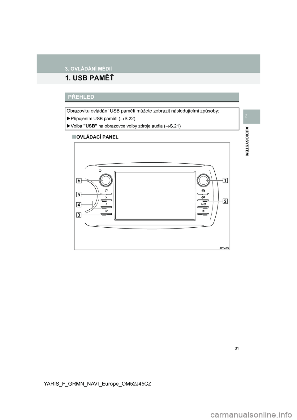 TOYOTA YARIS GRMN 2017  Návod na použití (in Czech) 31
YARIS_F_GRMN_NAVI_Europe_OM52J45CZ
AUDIOSYSTÉM
2
3. OVLÁDÁNÍ MÉDIÍ
1. USB PAMĚŤ
■OVLÁDACÍ PANEL
PŘEHLED
Obrazovku ovládání USB paměti můžete zobrazit následujícími způsoby: 
