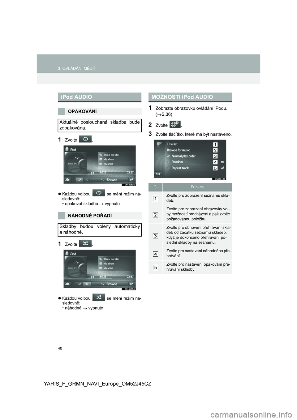 TOYOTA YARIS GRMN 2017  Návod na použití (in Czech) 40
3. OVLÁDÁNÍ MÉDIÍ
YARIS_F_GRMN_NAVI_Europe_OM52J45CZ
1Zvolte  .
Každou  volbou    se  mění  režim  ná- sledovně: • opakovat skladbu  vypnuto
1Zvolte  .
 Každou  volbou    se 